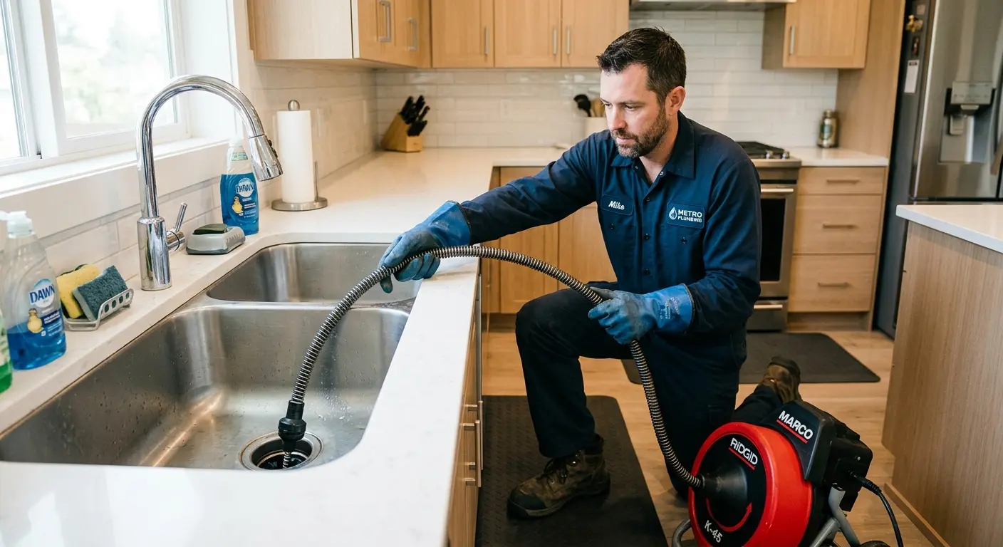 Drain cleaning technician using a motorized snake on a kitchen sink in Gorham