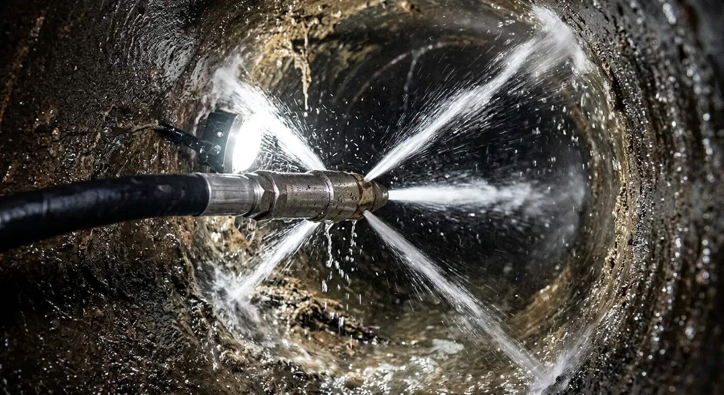 High-pressure hydro jetting nozzle cleaning sewer pipe for Trenchless Sewer Repair in Gorham