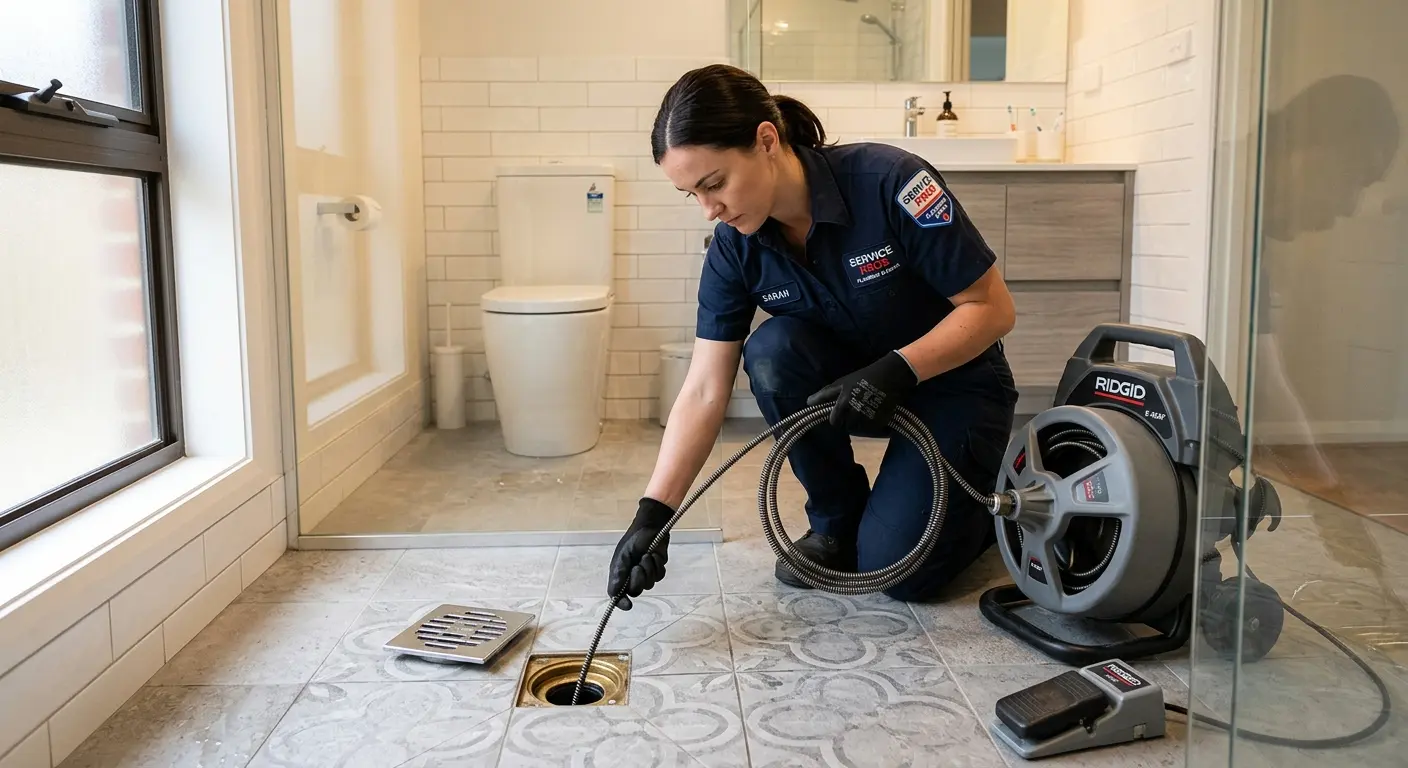 Technician clearing a bathroom floor drain for Drain Repair in Gorham